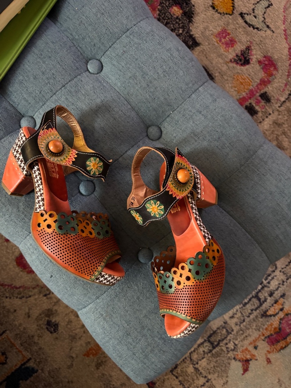 Embellished Orange Leather Block Heel Sandals with Floral Details